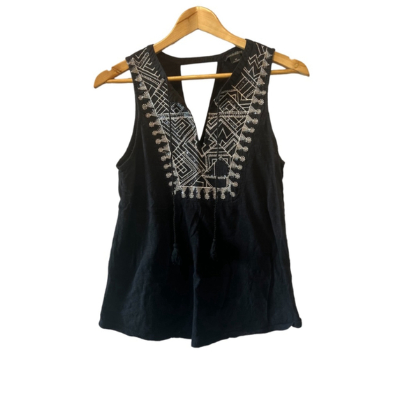 Lucky Brand Tops - LUCKY BRAND Black Cotton Embellished Deep V Neck Sleeveless Casual Top M